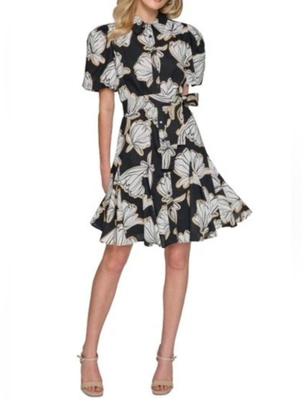 Karl Lagerfeld Black Mini Dress with White and Cream Floral Motif